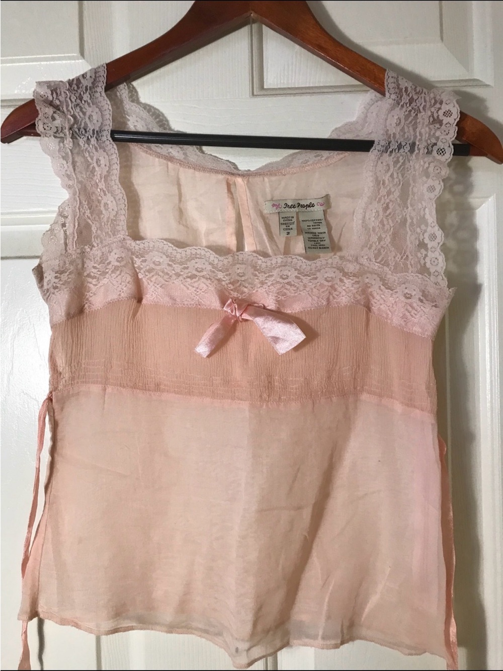 Free People blush pink lace-trim cami, side zipper opening, very soft cotton